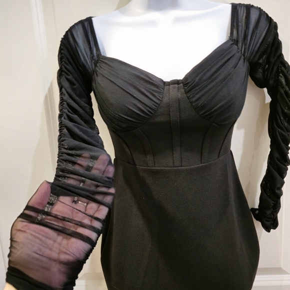 Little Black Dress ✦ Drop Waist Bodycon ✦ Long Sheer Sleeves + Padded Bust ✦ XS - Picture 5 of 17